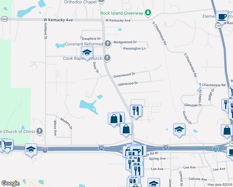 map of restaurants, bars, coffee shops, grocery stores, and more near 1606 Cooktown Road in Ruston