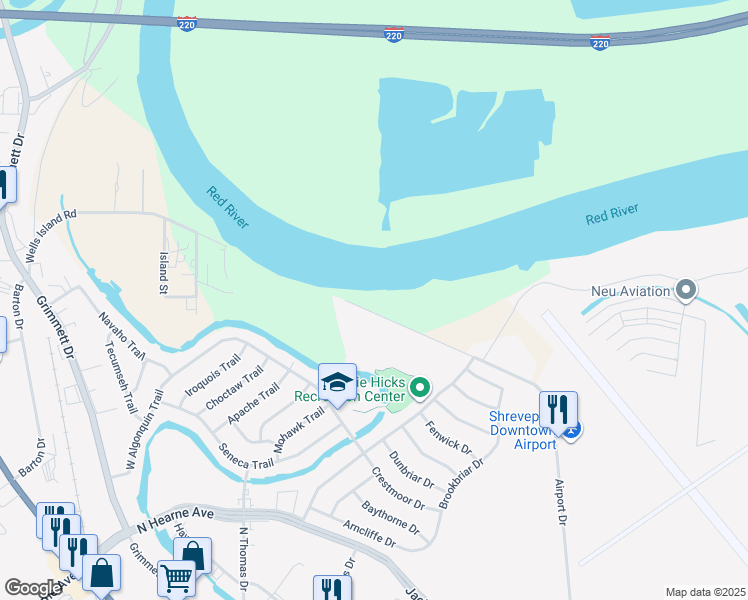map of restaurants, bars, coffee shops, grocery stores, and more near 1254 Wells Island Road in Shreveport