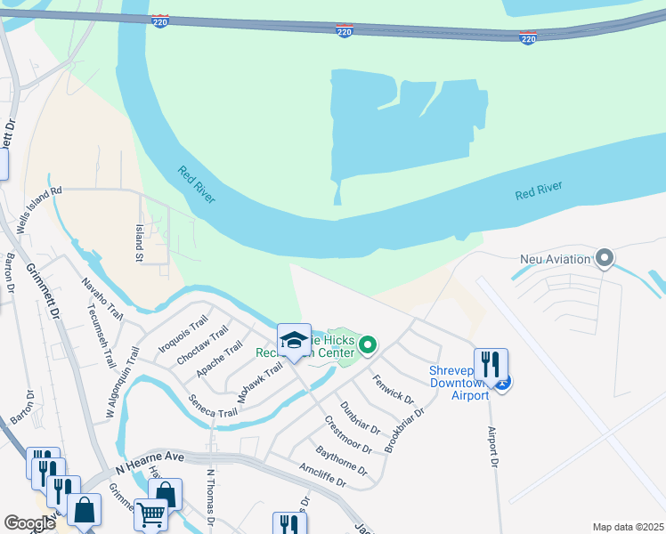 map of restaurants, bars, coffee shops, grocery stores, and more near 1254 Wells Island Road in Shreveport