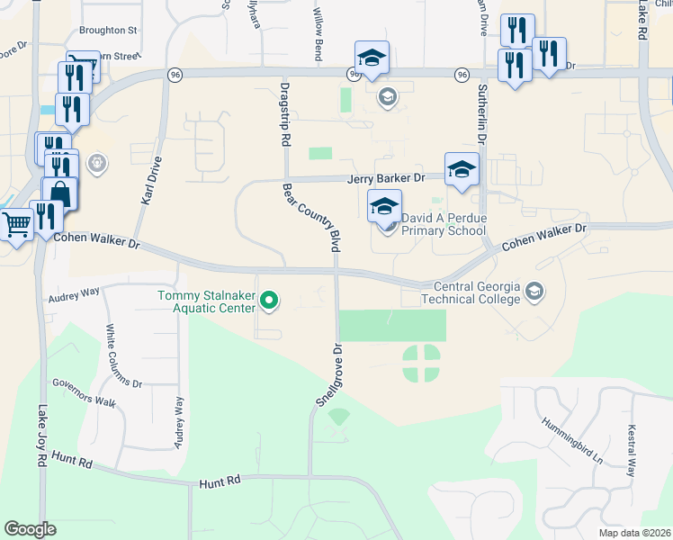 map of restaurants, bars, coffee shops, grocery stores, and more near Cohen Walker Drive in Warner Robins