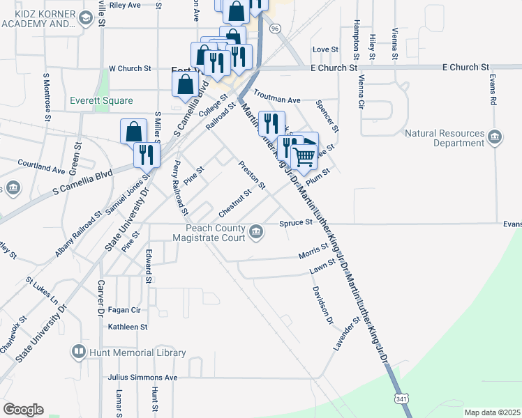 map of restaurants, bars, coffee shops, grocery stores, and more near 201 Beech Street in Fort Valley