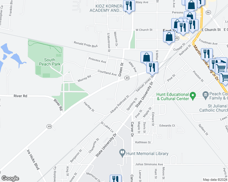 map of restaurants, bars, coffee shops, grocery stores, and more near 607 South Camellia Boulevard in Fort Valley