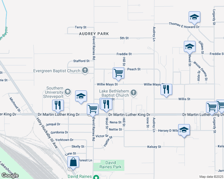 map of restaurants, bars, coffee shops, grocery stores, and more near 2947 Willie Mays Street in Shreveport