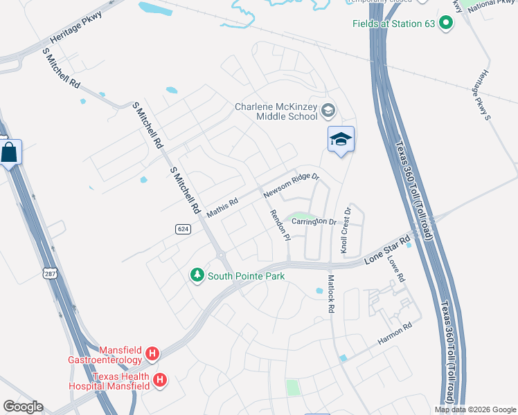 map of restaurants, bars, coffee shops, grocery stores, and more near 1100 Rendon Place in Mansfield