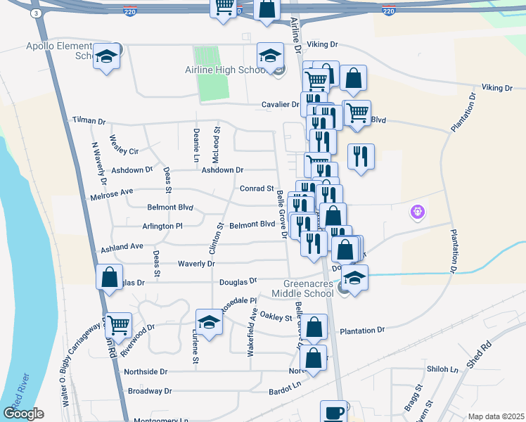 map of restaurants, bars, coffee shops, grocery stores, and more near 2517 Melrose Avenue in Bossier City
