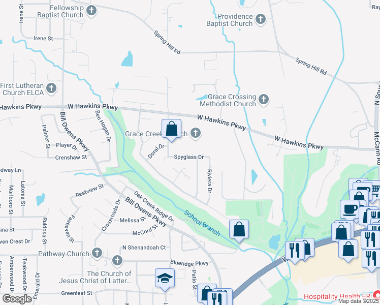 map of restaurants, bars, coffee shops, grocery stores, and more near 1503 Spyglass Drive in Longview