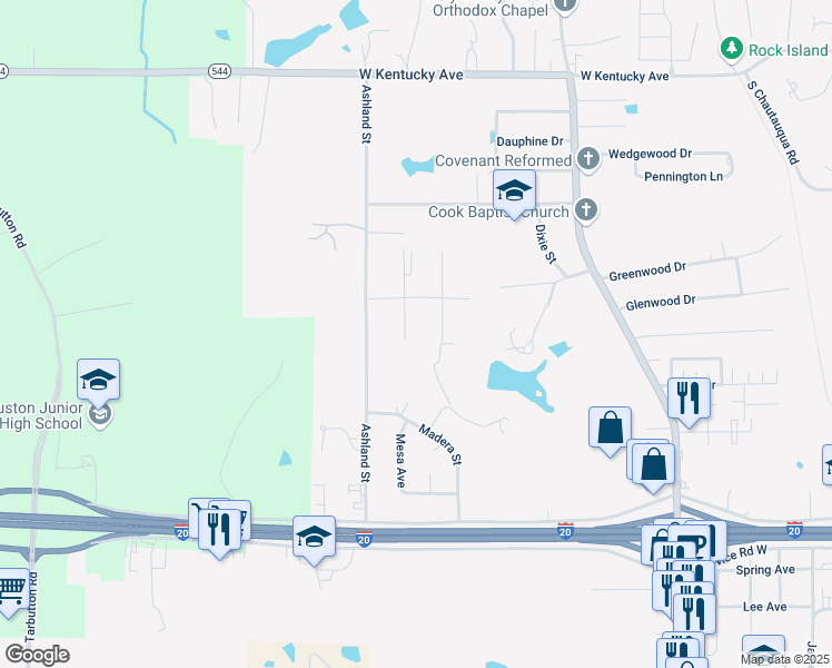 map of restaurants, bars, coffee shops, grocery stores, and more near 1703-1799 Corley Street in Ruston