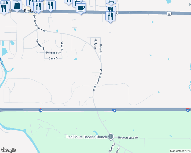 map of restaurants, bars, coffee shops, grocery stores, and more near 650 Bodcau Station Road in Haughton