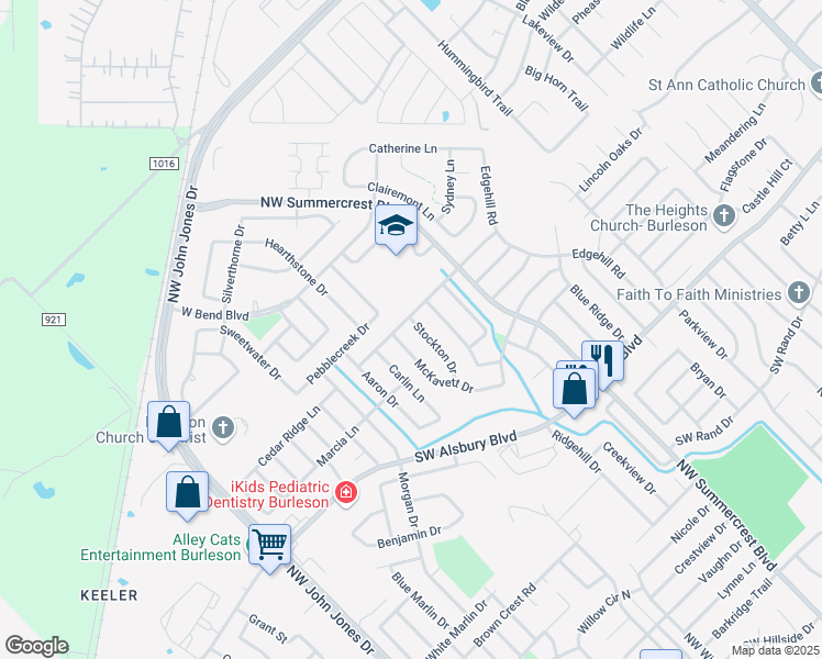 map of restaurants, bars, coffee shops, grocery stores, and more near 1041 Stockton Drive in Burleson