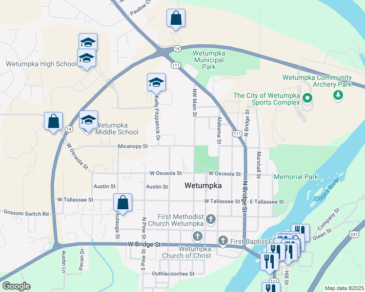 map of restaurants, bars, coffee shops, grocery stores, and more near 1000 West Micanopy Street in Wetumpka