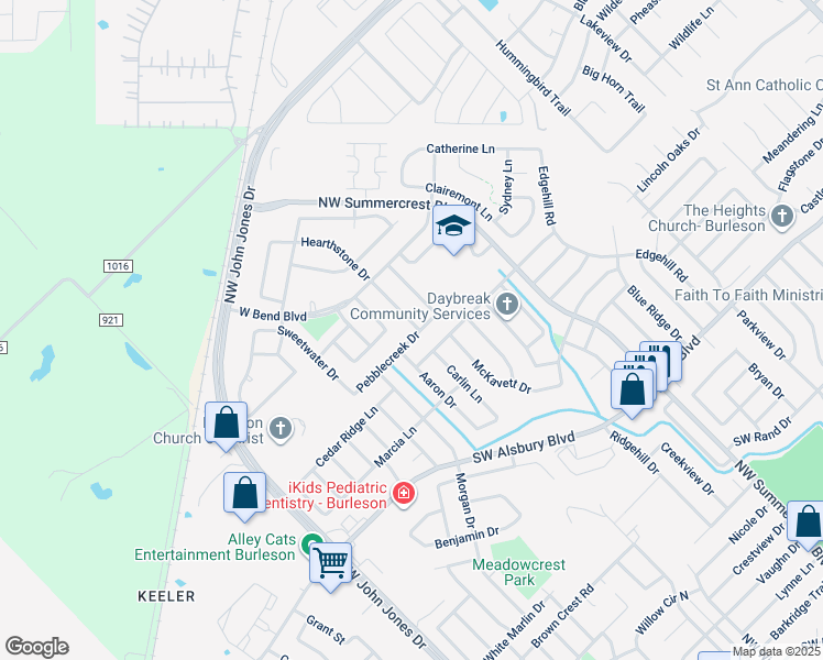 map of restaurants, bars, coffee shops, grocery stores, and more near 828 Pebble Creek Drive in Burleson
