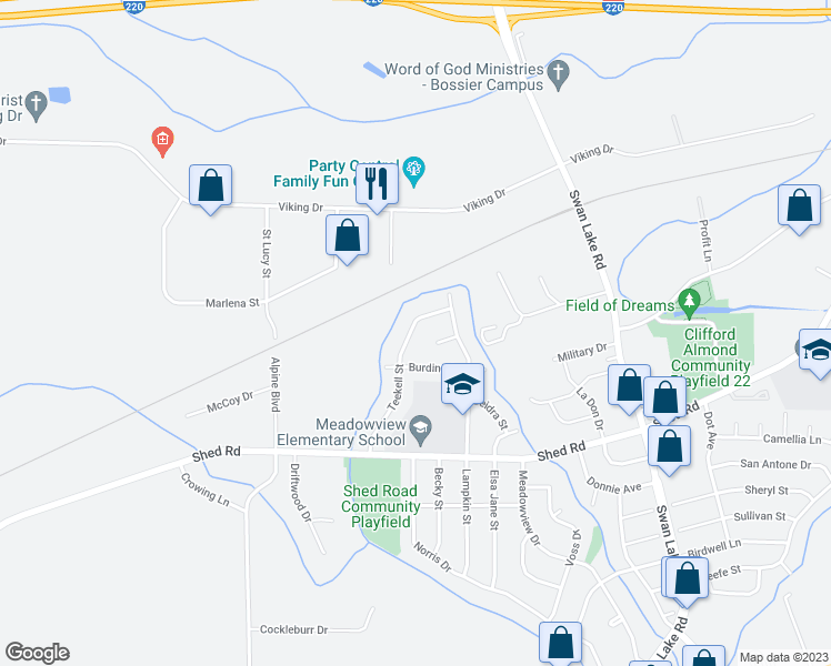 map of restaurants, bars, coffee shops, grocery stores, and more near 1512 Teekell Street in Bossier City