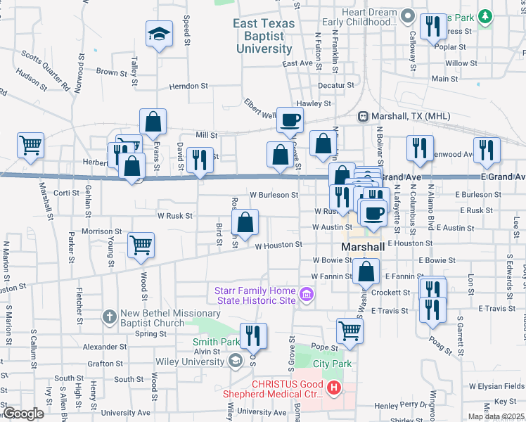 map of restaurants, bars, coffee shops, grocery stores, and more near 607 West Rusk Street in Marshall