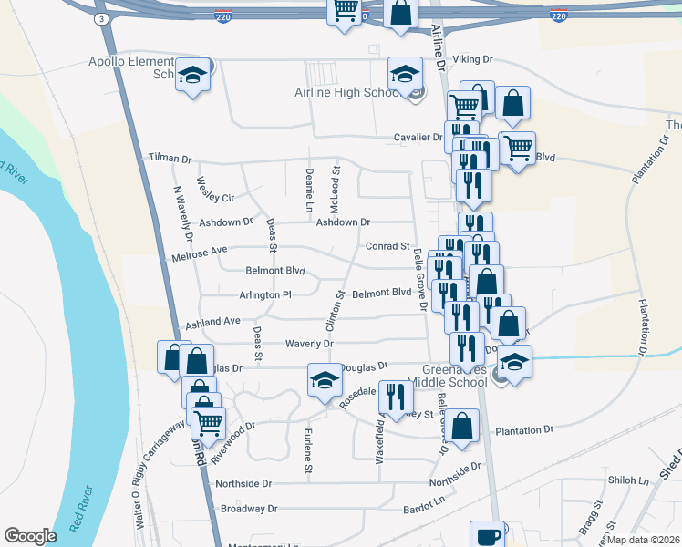 map of restaurants, bars, coffee shops, grocery stores, and more near 2422 Melrose Avenue in Bossier City
