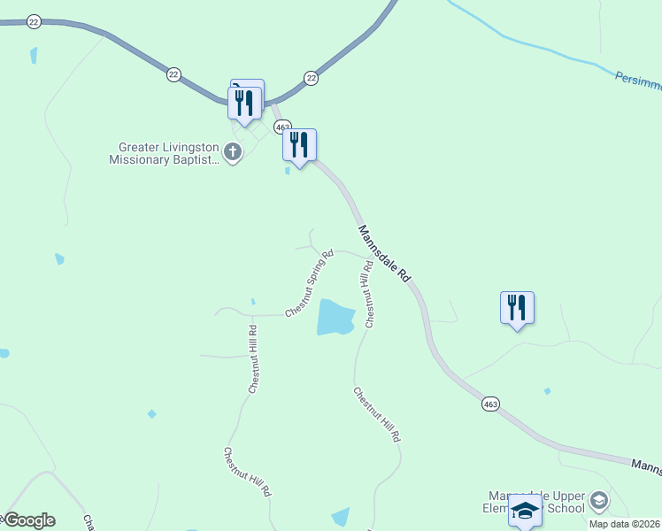 map of restaurants, bars, coffee shops, grocery stores, and more near Chestnut Spring Road in Flora