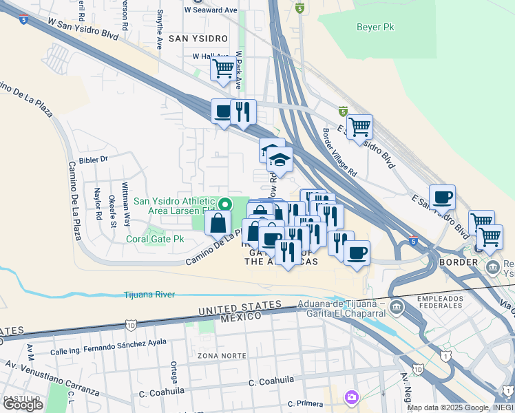 map of restaurants, bars, coffee shops, grocery stores, and more near 4114 Camino De La Plaza in San Diego
