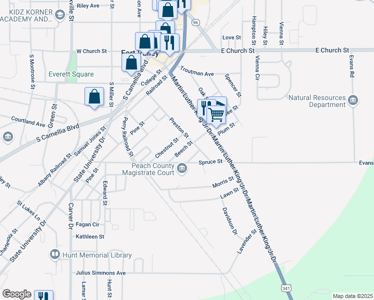 map of restaurants, bars, coffee shops, grocery stores, and more near 201 Beech Street in Fort Valley