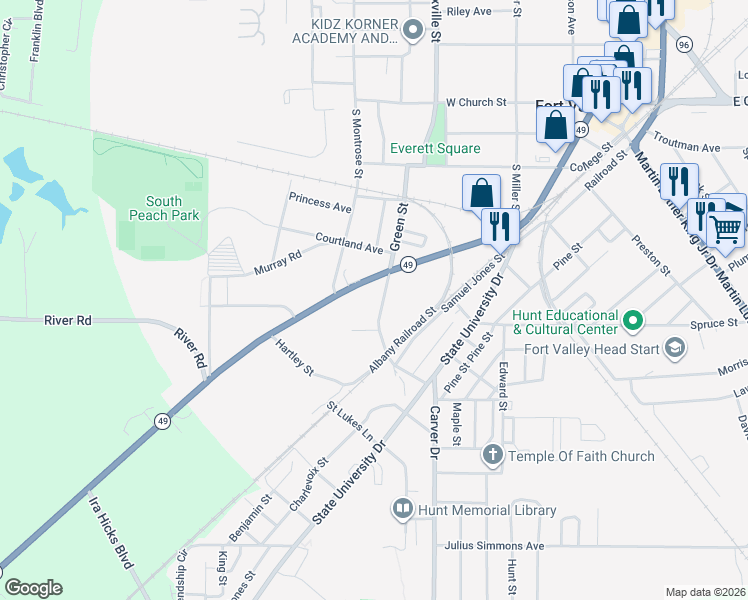 map of restaurants, bars, coffee shops, grocery stores, and more near 704 Green Street in Fort Valley