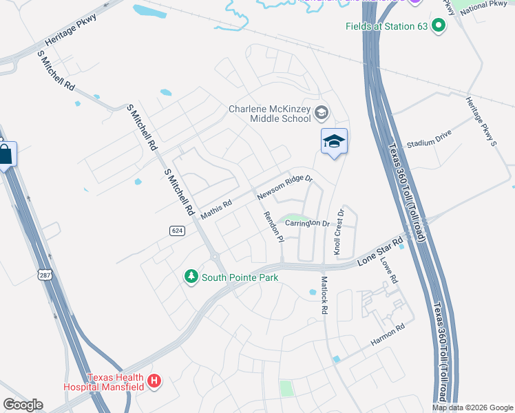 map of restaurants, bars, coffee shops, grocery stores, and more near 1100 Rendon Place in Mansfield