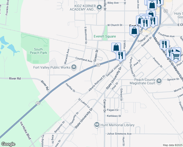 map of restaurants, bars, coffee shops, grocery stores, and more near 705 Green Street in Fort Valley
