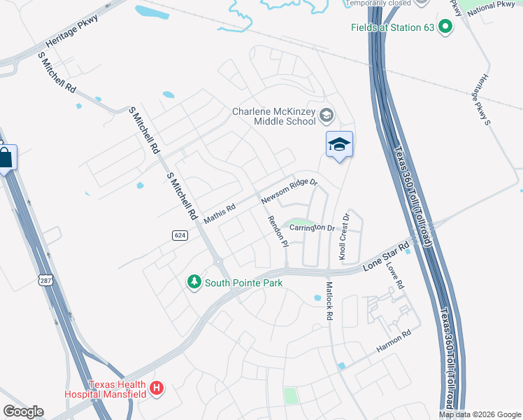 map of restaurants, bars, coffee shops, grocery stores, and more near 1100 Rendon Place in Mansfield