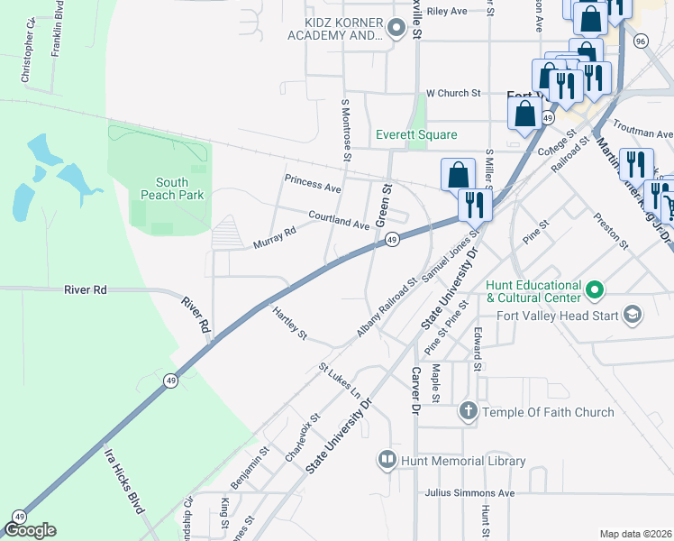map of restaurants, bars, coffee shops, grocery stores, and more near 607 South Camellia Boulevard in Fort Valley