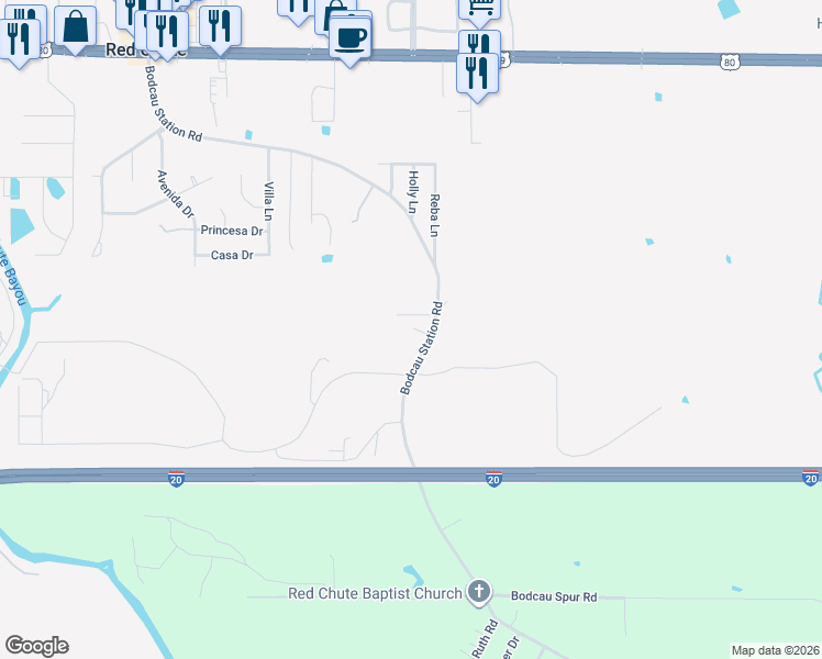 map of restaurants, bars, coffee shops, grocery stores, and more near 650 Bodcau Station Road in Haughton