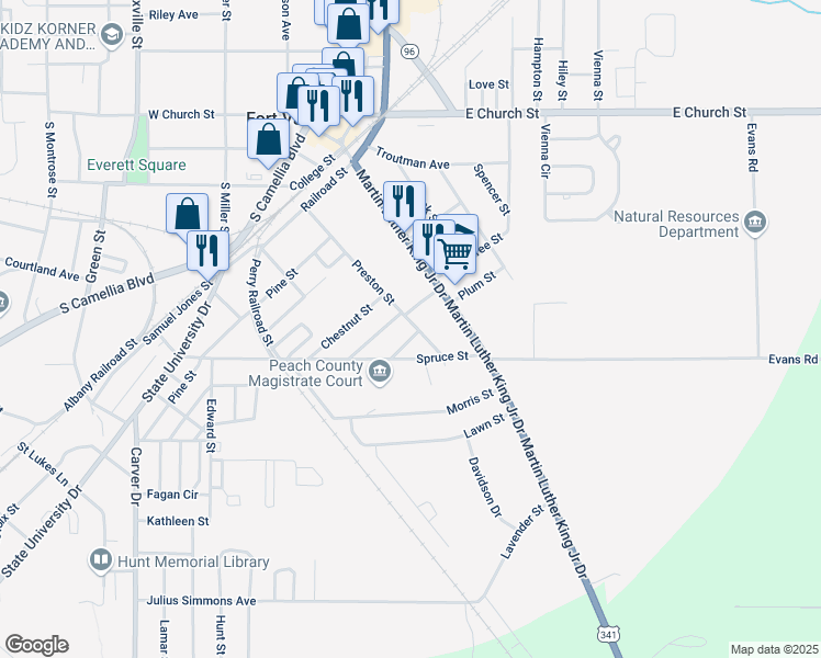 map of restaurants, bars, coffee shops, grocery stores, and more near 201 Beech Street in Fort Valley