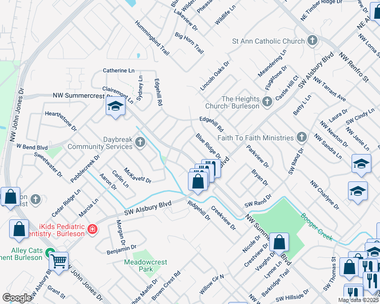 map of restaurants, bars, coffee shops, grocery stores, and more near 841 Pine Mountain Drive in Burleson