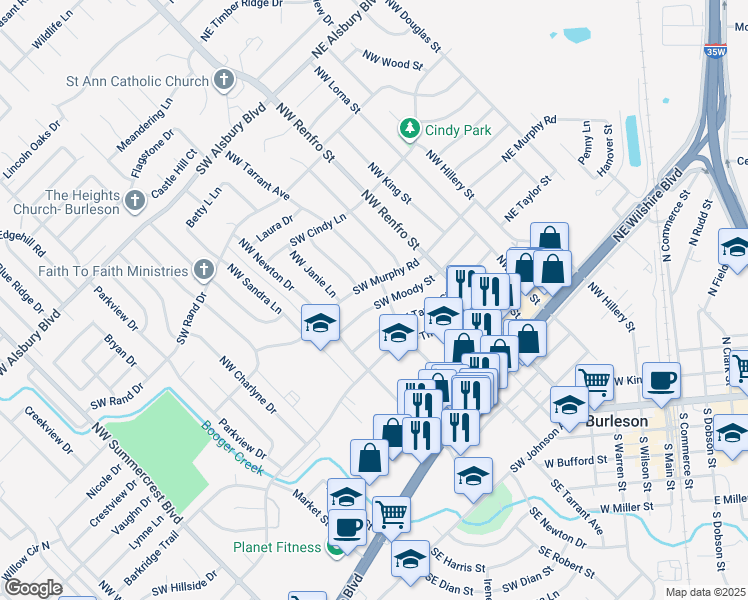 map of restaurants, bars, coffee shops, grocery stores, and more near 202 Southwest Moody Street in Burleson