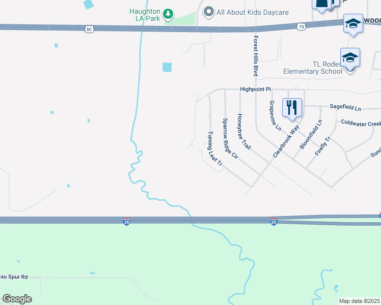 map of restaurants, bars, coffee shops, grocery stores, and more near 1908 Highpoint Place in Haughton