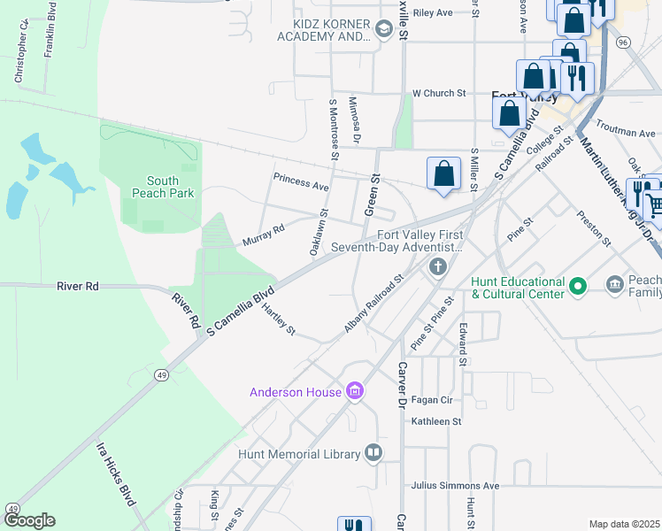 map of restaurants, bars, coffee shops, grocery stores, and more near 607 South Camellia Boulevard in Fort Valley
