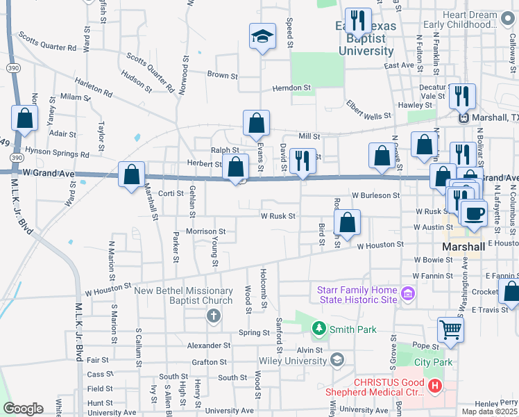 map of restaurants, bars, coffee shops, grocery stores, and more near 1400 Julie Street in Marshall