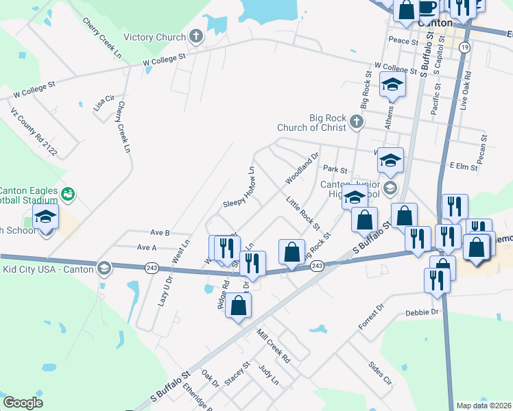 map of restaurants, bars, coffee shops, grocery stores, and more near 1403 Woodland Drive in Canton
