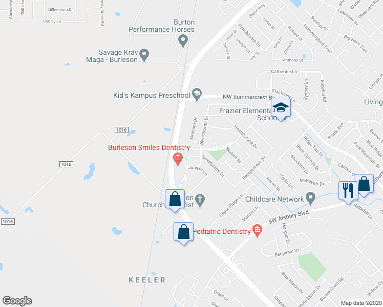 map of restaurants, bars, coffee shops, grocery stores, and more near 1248 Sweetwater Drive in Burleson