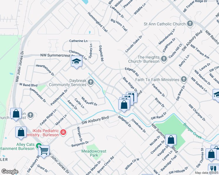 map of restaurants, bars, coffee shops, grocery stores, and more near 909 Northwest Summercrest in Burleson