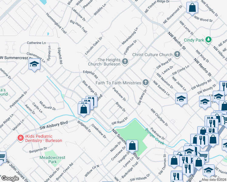 map of restaurants, bars, coffee shops, grocery stores, and more near 773 Parkview Drive in Burleson
