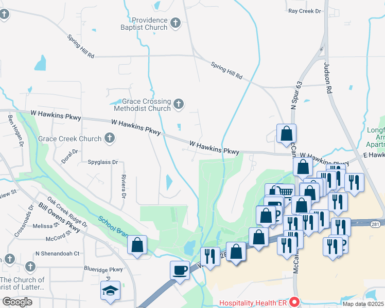 map of restaurants, bars, coffee shops, grocery stores, and more near 18 Estates Court in Longview