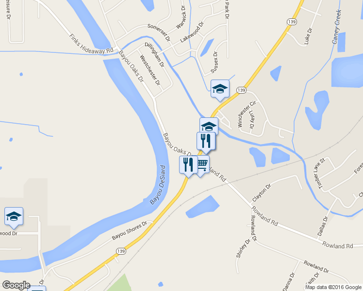 map of restaurants, bars, coffee shops, grocery stores, and more near 140 Bayou Oaks Drive in Monroe