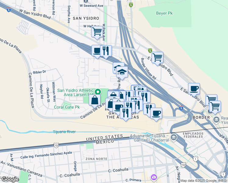 map of restaurants, bars, coffee shops, grocery stores, and more near 4114 Camino De La Plaza in San Diego