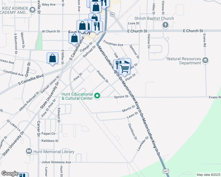 map of restaurants, bars, coffee shops, grocery stores, and more near 201 Beech Street in Fort Valley