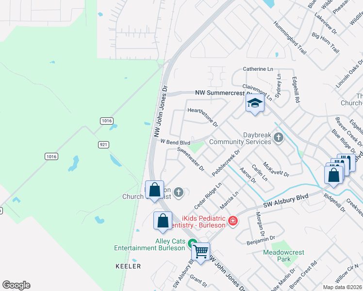 map of restaurants, bars, coffee shops, grocery stores, and more near 1236 Sweetwater Drive in Burleson