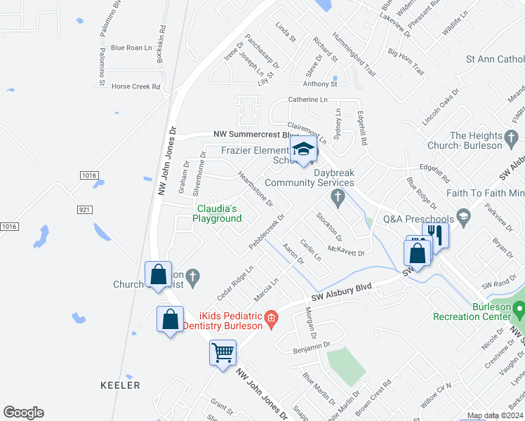 map of restaurants, bars, coffee shops, grocery stores, and more near 1104 Emerson Drive in Burleson