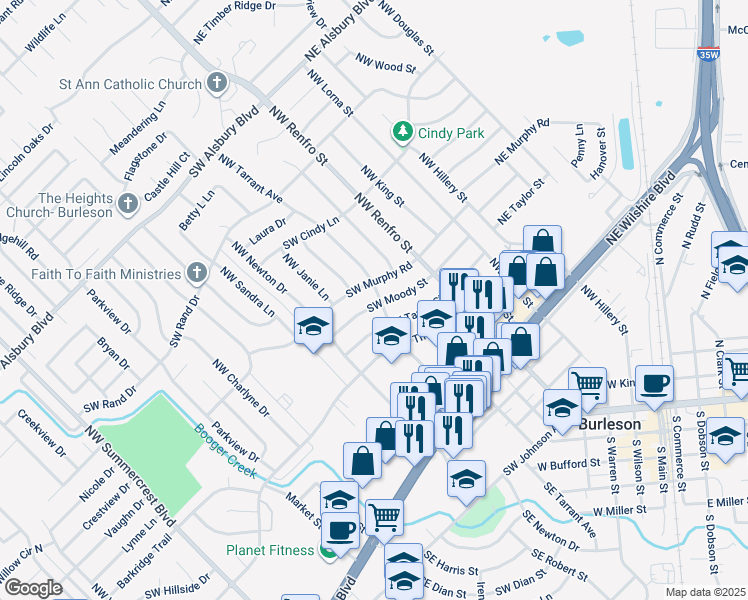 map of restaurants, bars, coffee shops, grocery stores, and more near 202 Southwest Moody Street in Burleson