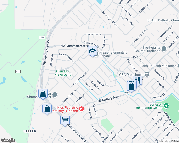 map of restaurants, bars, coffee shops, grocery stores, and more near 805 Pebble Creek Drive in Burleson