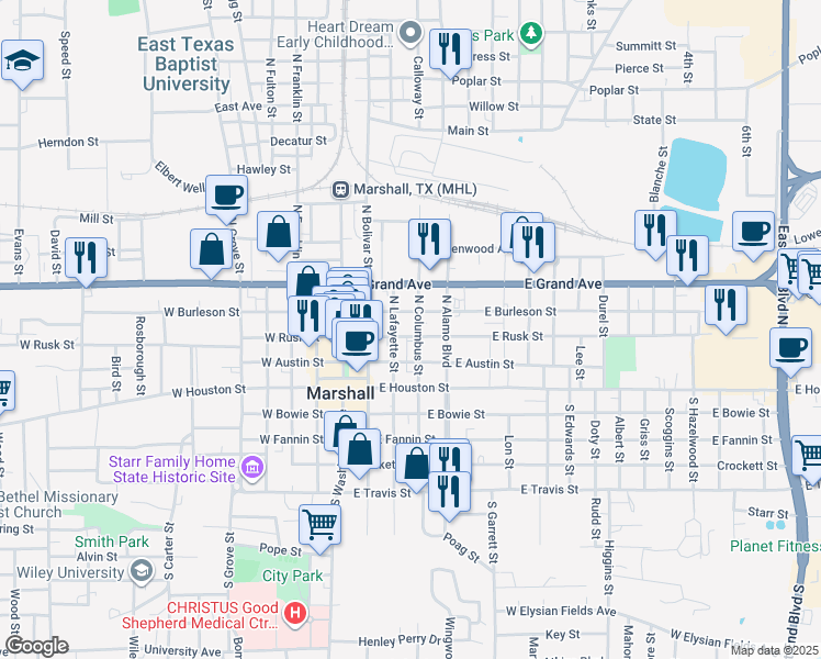 map of restaurants, bars, coffee shops, grocery stores, and more near 303 North Columbus Street in Marshall
