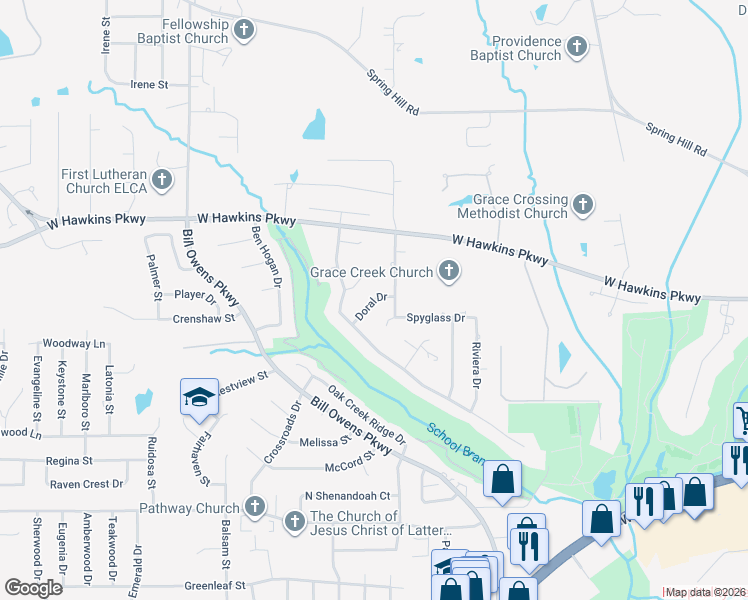 map of restaurants, bars, coffee shops, grocery stores, and more near 1607 Doral Drive in Longview