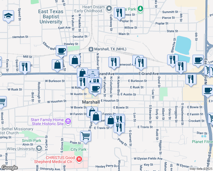 map of restaurants, bars, coffee shops, grocery stores, and more near 300 North Lafayette Street in Marshall