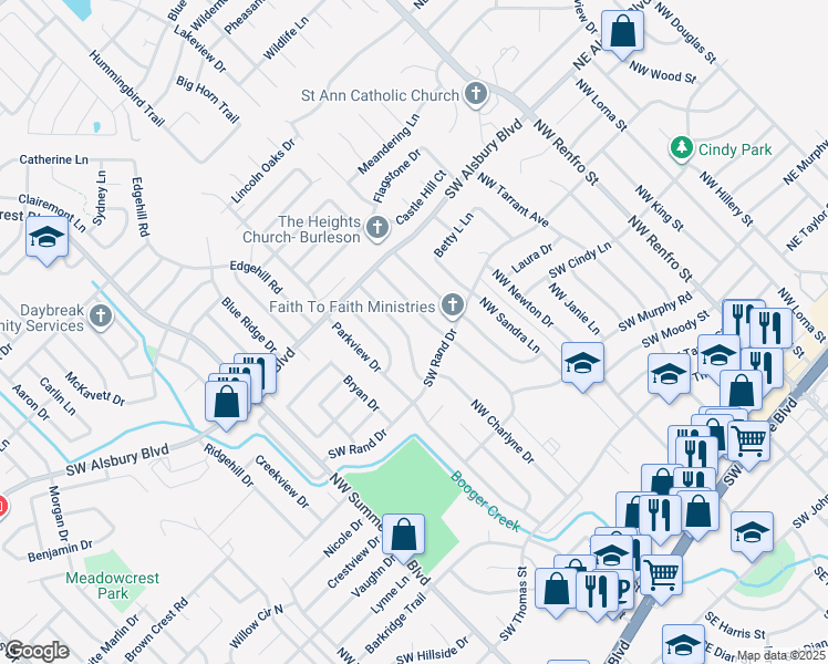 map of restaurants, bars, coffee shops, grocery stores, and more near 732 Northwest Charlyne Drive in Burleson
