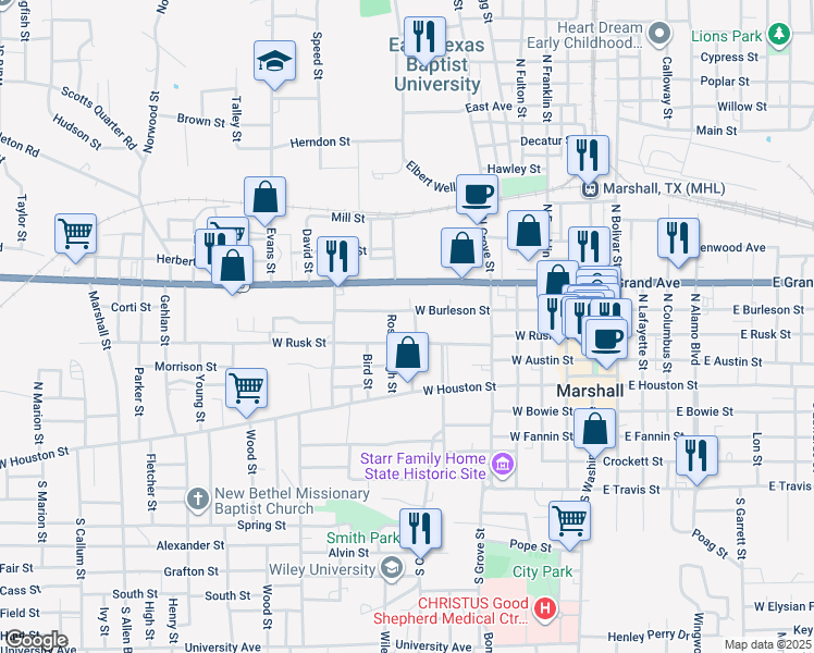 map of restaurants, bars, coffee shops, grocery stores, and more near 304 Adkins Street in Marshall
